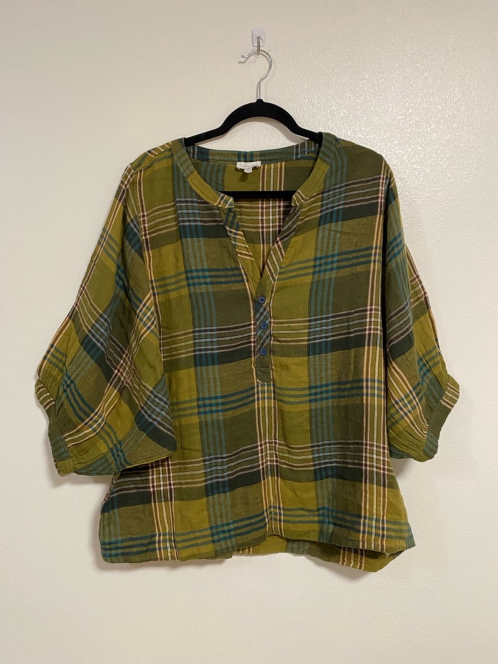Garnet Hill Blouse Women’s Size 16 Green Plaid Batwing Gauze Shirt Top Plus Size